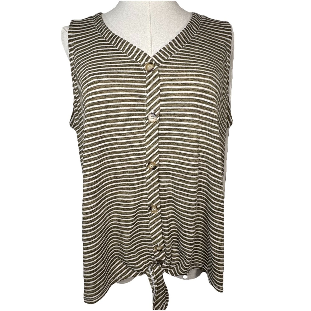 Rose + Olive Shirt Womens L Sleeveless Front Hem Tie Top Green Khaki Striped